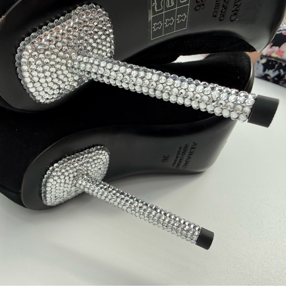 Diane B. Sophisticated Black Suede Knee-High Stiletto Boots with Rhinestone Heel - Picture 5 of 16